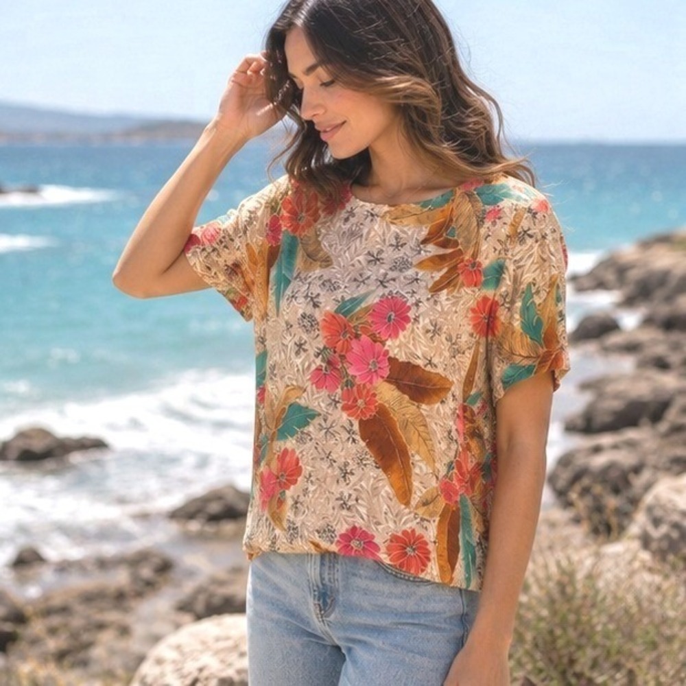 Vintage‎ Silk Floral Tropical Top Womens Medium Coastal Island Vacation Resort